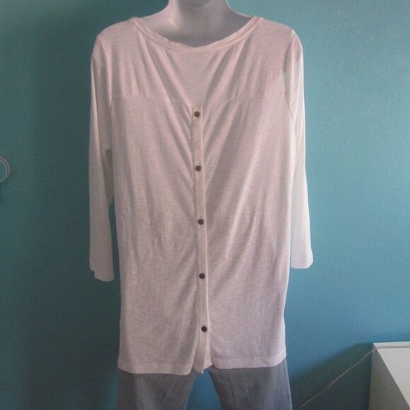 J. Jill Womens M White Pima Cotton 3/4 Slv Tee Back Button Detail Pullover Top - Picture 2 of 6